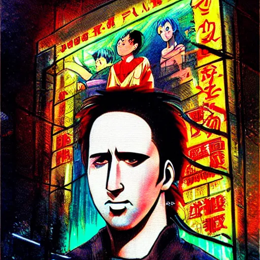 Image similar to beautiful amazing anime portrait painting of nicholas cage in tokyo. neon lights. by hayao miyazaki, katsuhiro otomo, akira toriyama, satoshi kon, eiichiro oda, hideaki anno