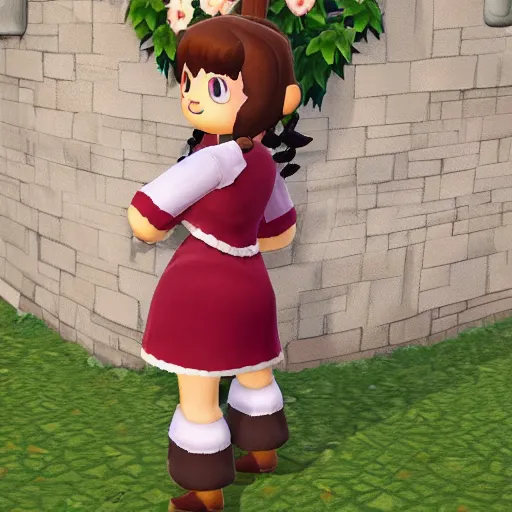 Image similar to woman with long curly read hair in villager cosplay from animal crossing. beautiful. relaxed. realistic photo. cosplay photoshoot. high detail. convention photo.