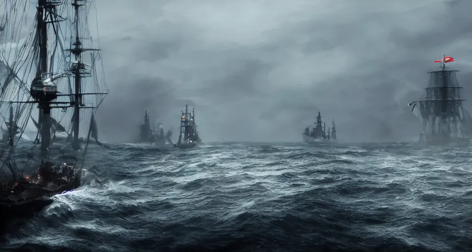 Prompt: giant sailing battleship with ten sails, raging sea foggy, dramatic, action scene, stormy background, shipfleet on the horizon, high detail, unreal engine, octane render, 8 k high definition, photorealistic