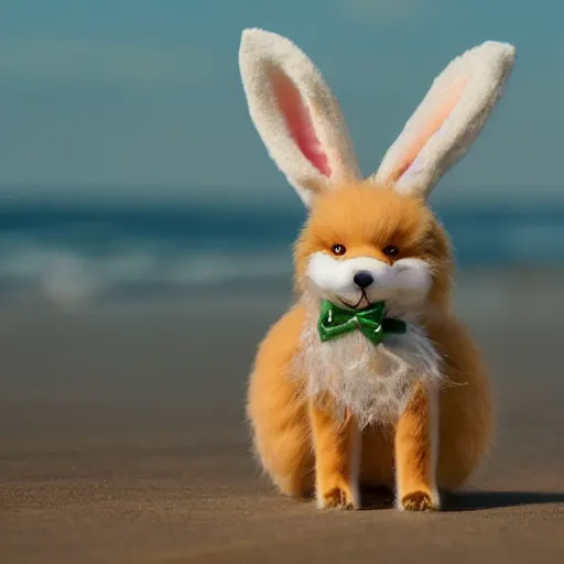 Image similar to a photorealistic adorable chubby charming but vicious fennic fox wolf rabbit hybrid, long fuzzy fur, with long floppy rabbit ears, wearing bows on the top of its head, grinning at the camera with a mischievous look, sharp teeth, happy lighting, at a tropical beach