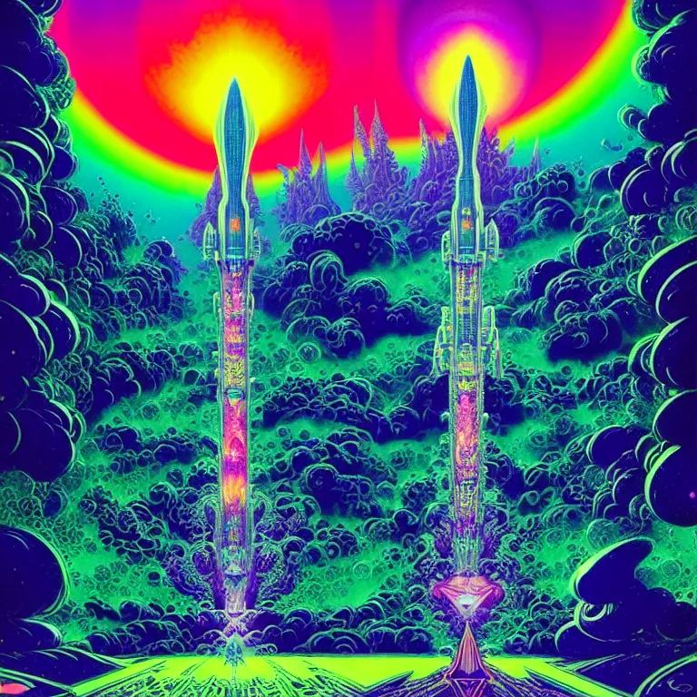 Prompt: mysterious cosmic rocket hovering over magical haunted diamond temple, infinite hallucinogenic fractal waves, # f 2 2 2 ff # 8 c 1 eff synthwave, bright neon colors, highly detailed, cinematic, eyvind earle, tim white, philippe druillet, roger dean, ernst haeckel, lisa frank, aubrey beardsley, kubrick, kimura