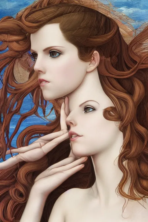 Image similar to dream goddess who looks like anna kendrick, in a mixed style of Botticelli and Æon Flux, inspired by pre-raphaelite paintings and shoujo manga, amazing detail, stunning lines, flat colors, 4K photorealistic