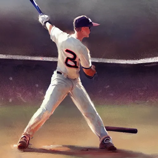 Image similar to baseball player hitting the ball with the baseball bat in the middle of the game and in front of everyone in the stadium, james gurney painting style, greg rutkowski, artstation