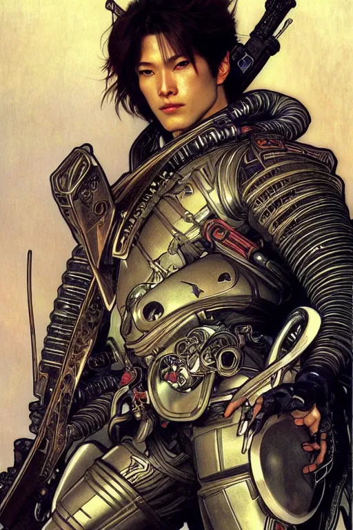 Prompt: realistic detailed portrait with a great pose of one handsome futuristic samurai in alien cyberpunk armor by alphonse mucha, ayami kojima, amano, greg hildebrandt, and mark brooks, male, masculine, art nouveau, cyberpunk, neo - gothic, gothic, character concept design