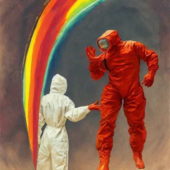 Prompt: two scientists, one wearing a red hazmat suit and the other wearing a white hazmat suit, entering the geometric rainbow crystal dimensional gateway by frank frazetta