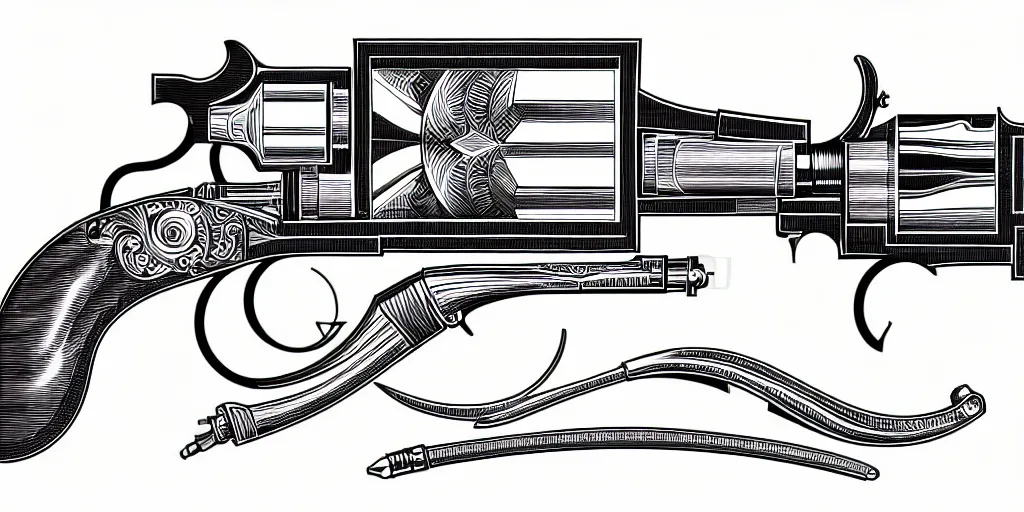 Image similar to schematic diagram illustration of a revolver, ultra detailed, 4 k, intricate, encyclopedia illustration, fine inking lines