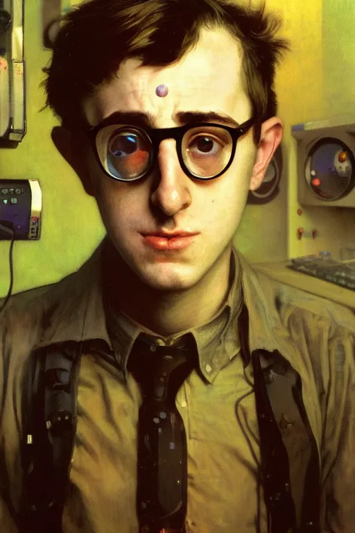 Image similar to hyperrealist cyberpunk portrait of a young ducktail bearded middle eartern woody allen, it is decorated with long computer wires and computer monitors in the cyberpunk office background. by jeremy mann and alphonse mucha, fantasy art, photo realistic, dynamic lighting, artstation, poster, volumetric lighting, very detailed faces, 4 k, award winning