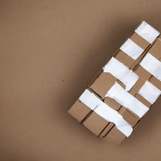 Image similar to broken and damaged cardboard box, wrapped in fragile tape, image white background