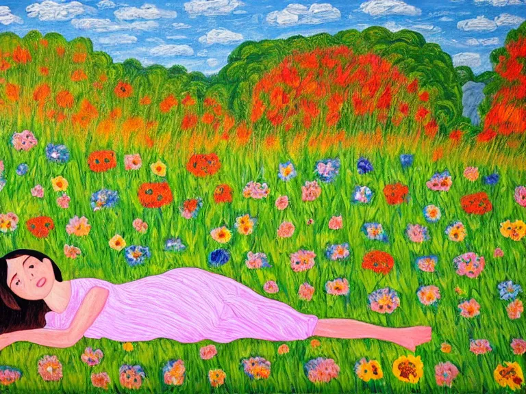 Prompt: painting of view from the distance on girl laying down in the lawn full of flowers that smells like honey amongst forest with her soul connected to the nature around her. in naive art style