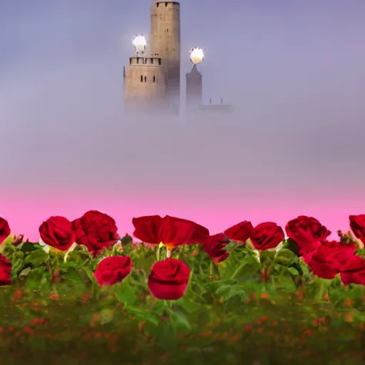 Image similar to a photo of a field of roses with a dark tower in the center. night landscape. 4 k. national geographic. high detail. soft colors. tender photo