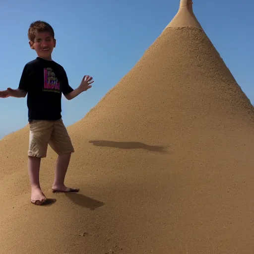 Image similar to kid standing on top of a 1 0 meter high sand tower