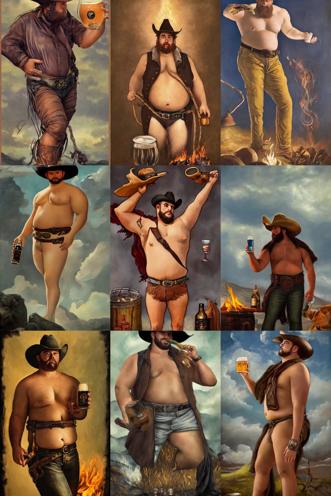 Prompt: a dramatic, epic, ethereal painting of a handsome thicc half-dressed cowboy with a beer belly wearing a leather belt and hat offering you a drink | background is a late night campfire with food and jugs of whisky | tarot card, art deco, art nouveau, homoeroticism | by Mark Maggiori | trending on artstation