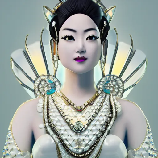 Image similar to portrait of wonderful asian princess of white diamond with fair skin, ornate with white diamonds, 8 k, gorgeous, intricate, detailed, glowing white accent lighting, dramatic lighting, octane render