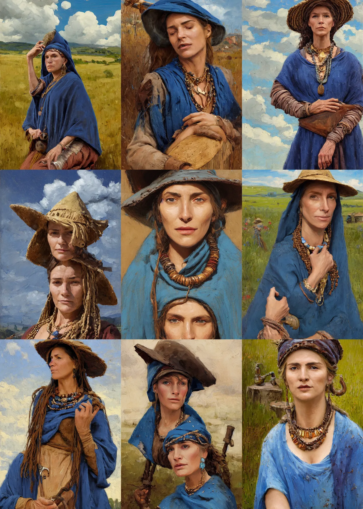 Image similar to portrait of medieval farmer woman with wooden jewelry, mediterranean features, wearing rich jewerly hat and deep blue boho poncho, fantasy character close up portrait, sitting dynamic pose, Low poly, thunder clouds in the sky, artwork by Jeremy Lipkin and Giuseppe Dangelico Pino and Michael Garmash and rob rey, levitation, industrial rusty pipes, simple form, brutal shapes