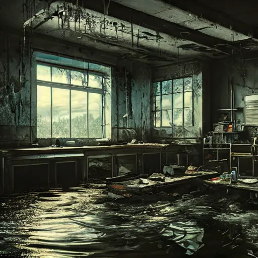 Image similar to flooded, desecrated, abandoned, science lab, ultra realistic, concept art, intricate details, eerie, highly detailed, photorealistic, octane render, 8 k, unreal engine, art by ben evrard