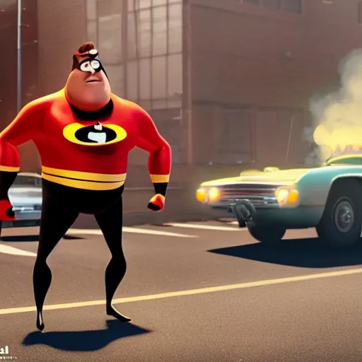 Image similar to film still of mr incredible directing traffic in the the incredibles movie, high detail shot, smoking, render, cgsociety, photorealism