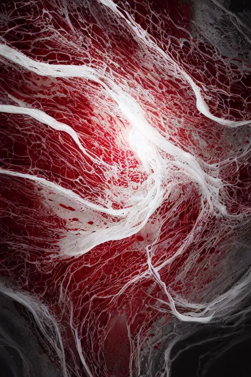 Image similar to swirling organic liquids mixing together, extremly detailed, organism, veins, red and white, intrinsec details, dramatic light, octane render, realistic