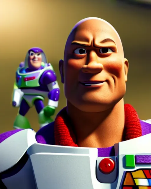 Image similar to Film still close-up shot of Dwayne Johnson as Buzz Lightyear in the movie Toy Story 3. Photographic, photography