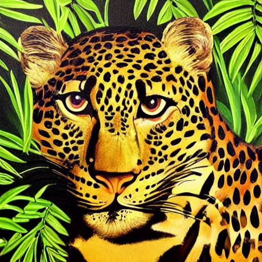 Prompt: jungle leopard. douanier rousseau style. douanier rousseau style. vibrant. amazing painting. beautiful. high resolution. highly realistic. cool tones. close - up.