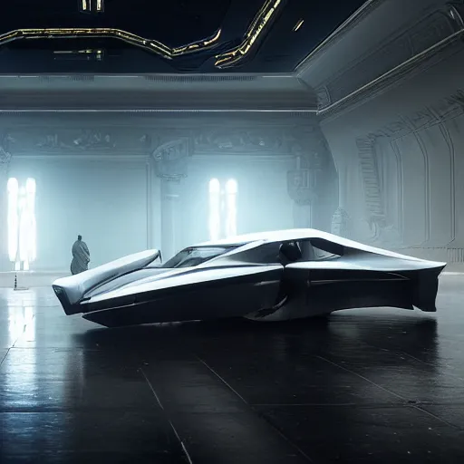 Image similar to full lenght sci-fi cars in the coronation of napoleon painting by Jacques-Louis David in the blade runner 2049 film and point cloud in the middle and everything in form of zaha hadid architects artwork by caravaggio unreal engine 5 keyshot octane lighting ultra high detail ultra hyper realism 8k 16k in plastic dark tilt shift full-length view