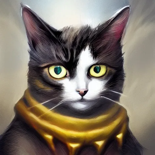 Image similar to a cat with a halo, highly detailed, fantasy, concept art, large yellow eyes, smooth art, illustration; background of florals, nature; sharp focus, artstation, digital art, art by clara mcallister,