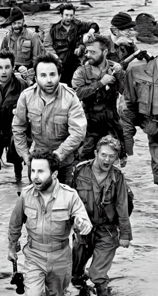 Image similar to charlie day, rob mcelhenney, glenn howerton, kaitlin olson, and danny devito are storming the beaches of normandy, 1 9 4 5, black and white, horrorscape