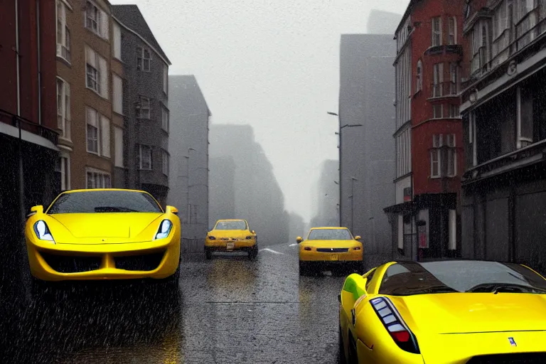 Prompt: a yellow ferrari, dynamic, on a wet london street, raining, clouwdy atmosphere, wide shot, photorealism, some reflexions, canon 5 d, studio ghibli, pixar and disney animation, sharp, very detailed, high resolution, rendered in unreal engine 5, anime key art by greg rutkowski, overcast lighting, dark