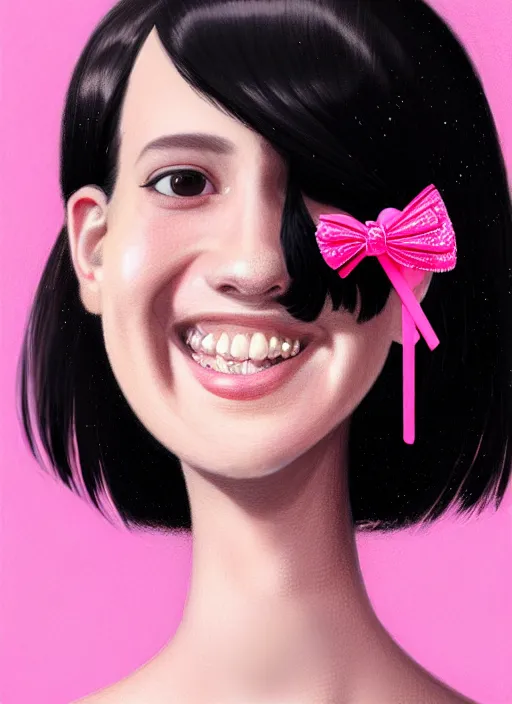 Image similar to portrait of high school girl, realistic, black hair, bangs, half updo hairstyle, pointy nose, skinny, smile, ugly, defined jawline, big chin, pink hair bow, earrings, intricate, elegant, glowing lights, highly detailed, digital painting, artstation, sharp focus, illustration, art by wlop, mars ravelo and greg rutkowski