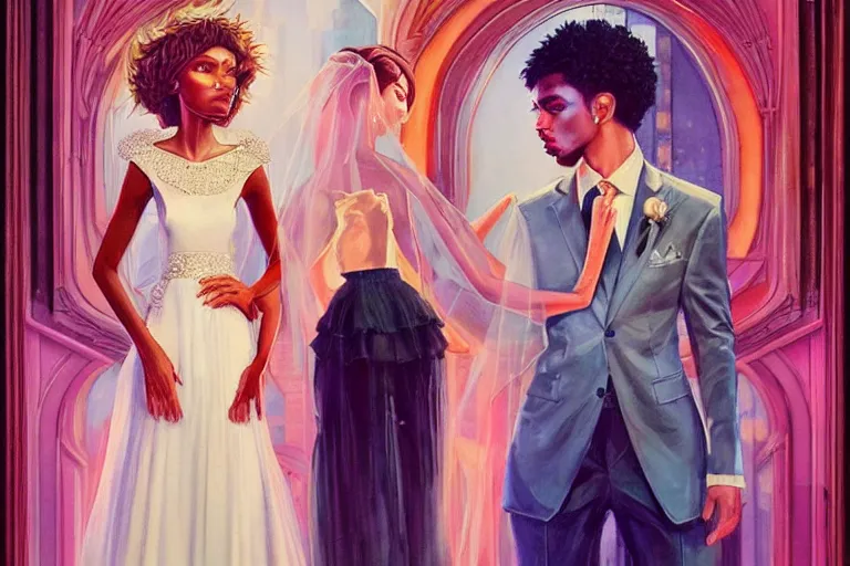 Image similar to wedding day 🫀👩🏾, futuristic wedding dress, neon god of city character portrait, in the style of margaret keane, moebius, tom bagshaw, and waterhouse, cinematic lighting, beautiful, elegant, oil painting,