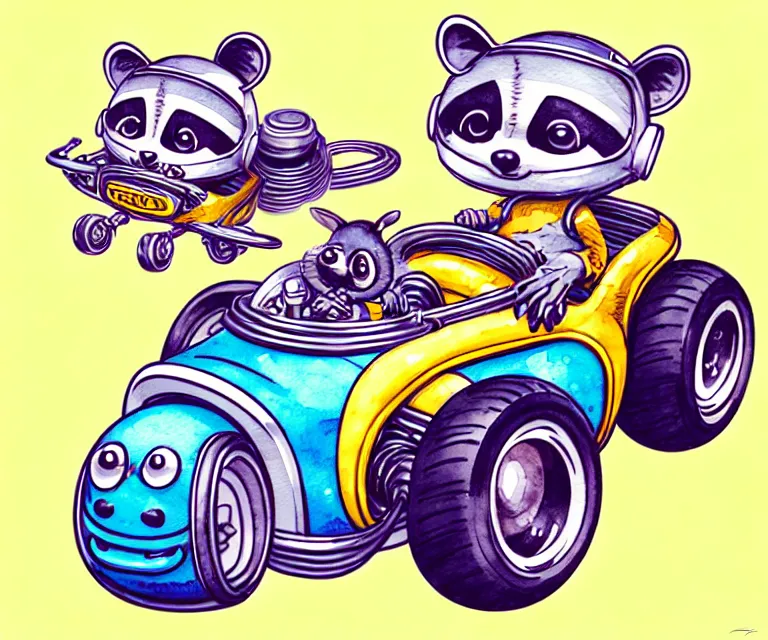 Prompt: cute and funny, [ racoon wearing a helmet ] riding in a tiny hot rod with oversized engine, ratfink style by ed roth, centered award winning watercolor pen illustration, isometric illustration by chihiro iwasaki, edited by range murata, tiny details by artgerm, symmetrically isometrically centered