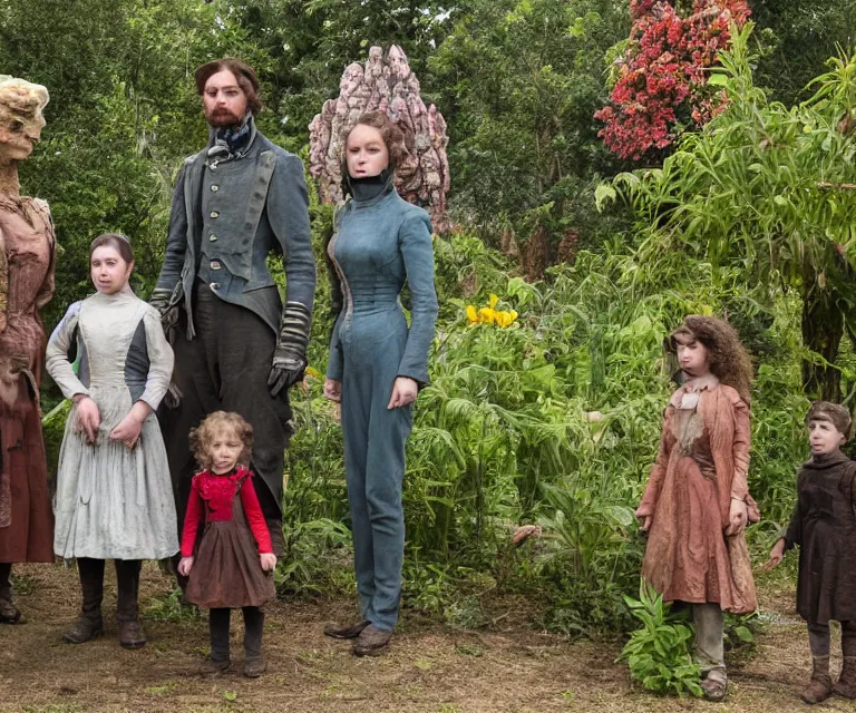 Prompt: still from a sci fi blockbuster movie made in 2022, set in 1860, of a family standing next to some strange wild alien plants and flowers, family are wearing 1850s era clothes, a humanoid alien standing nearby, in a park on a strange alien planet, good lighting, 4k, in focus faces, detailed faces, good photography, oscar winner, 35mm macro lens