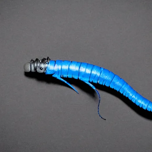 Image similar to studio photograph of a matte dark gray worm with a neon blue head and tail