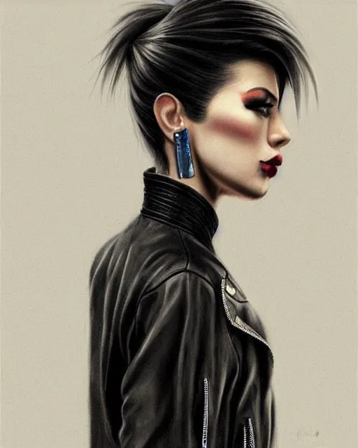 Prompt: portrait painting of a punk woman in a leather bomber jacket, medium shot, asymmetrical, profile picture, rainy night, trending on artstation, by huang guangjian