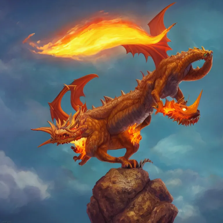Image similar to A Render of a cute wyvern dragon with large wings and bright eyes, sitting on a rock, breathing fire. In the style of Pixar Animation. 8k. Trending on ArtStation.