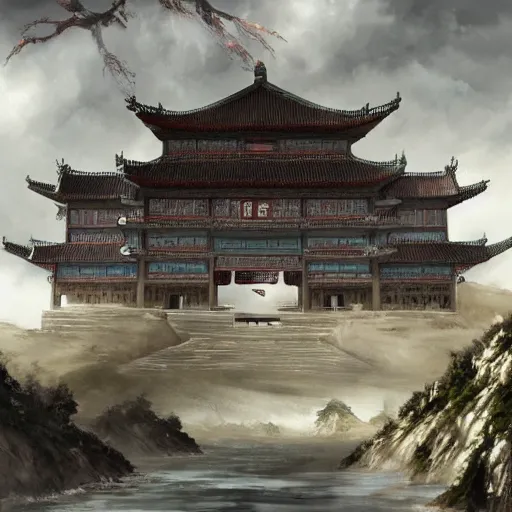 Image similar to dynamic composition, motion, ultra-detailed, incredibly detailed, a lot of details, amazing fine details and brush strokes, colorful and grayish palette, smooth, HD semirealistic anime CG concept art digital painting, watercolor oil painting of epic castle gate, from Three Kingdoms, by a Chinese artist at ArtStation, by Huang Guangjian, Fenghua Zhong, Ruan Jia, Xin Jin and Wei Chang. Realistic artwork of a Chinese videogame, gradients, gentle an harmonic grayish colors.