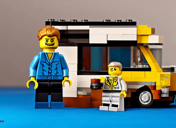 Image similar to product photo still of lego walter white with a lego winnebago in the background, 8 k, 1 2 0 mm macro, f 1. 8, studio lighting, key light