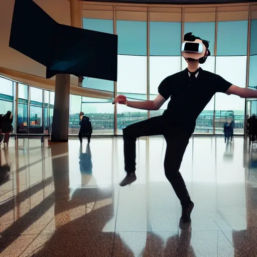 Image similar to a guy dancing in VR in an airport tower