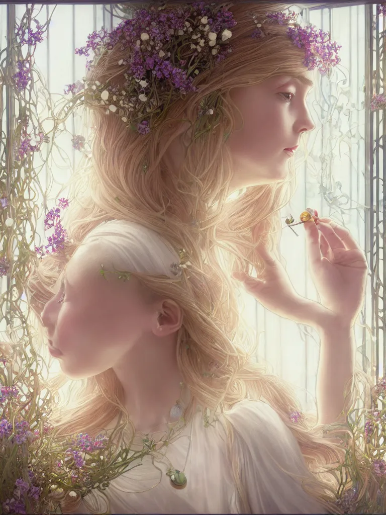 Prompt: blonde girl in white dress in beautiful window, necklace with a fruit seed ornament, ocean eyes, light freckles, incense smoke and flowers in the background, portrait, mucha, conceptart, medium shot, unreal, octane, symmetrical, photorealism.