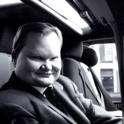 Image similar to 1 9 9 8 andy richter wearing a black wool coat and necktie in his car driving through the streets of chicago at night, pov back seat of car, cozy atmosphere