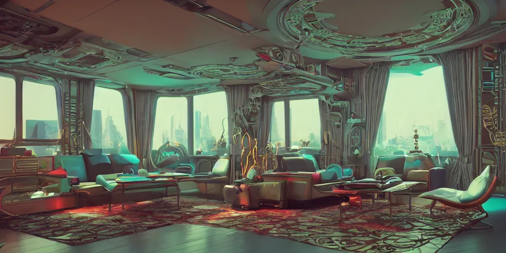 Image similar to 80s futuristic retro living room:: by beeple and James Gilleard and Justin Gerard :: ornate, dynamic, particulate, intricate, elegant, highly detailed, centered, artstation, smooth, sharp focus, octane render, 3d