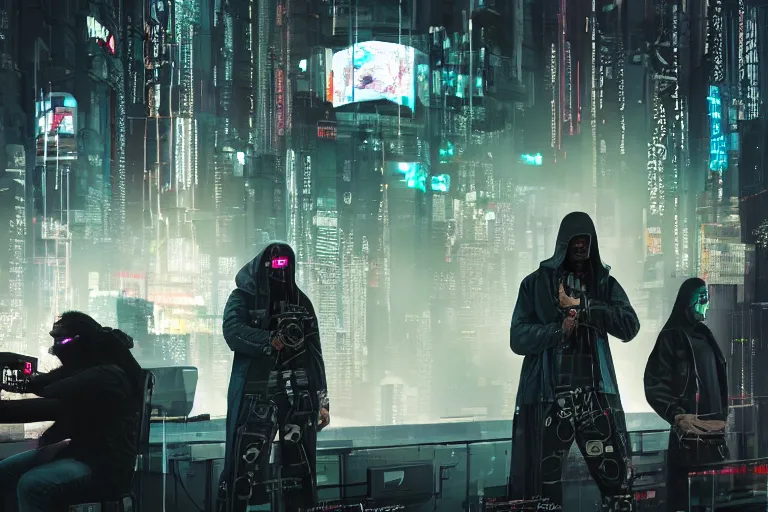 Image similar to cyberpunk hackers in high tech compound by Emmanuel Lubezki