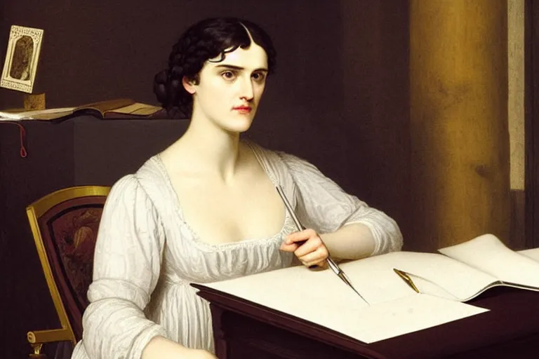 Image similar to 1 8 1 0 s katie mcgrath writing at her desk by vittorio reggianini, bright lighting, perfectly detailed eyes, beautiful hands, pale skin, clear face