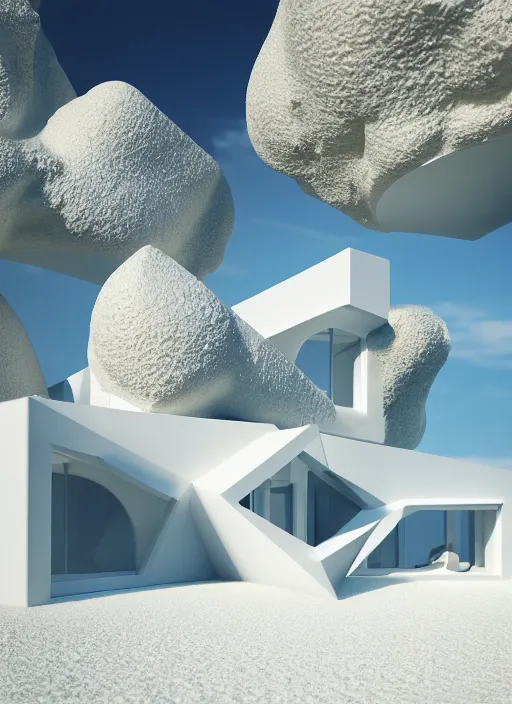 Image similar to bright white zen beach house made of geodes well contoured smooth fair walls, up close shot, sharp focus, global illumination, radiant light, alexandre ferra white mecha, irakli nadar, octane highly render, 4 k, ultra hd,