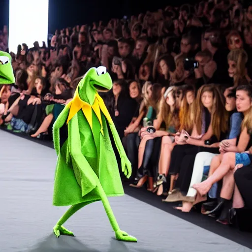 Prompt: Kermit the frog as a fashion week runway model 4k photo magazine journalism