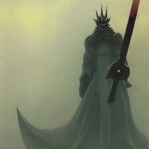 Prompt: concept art of omegamon, sword for left arm and a cannon for right arm, fantasy, valley, heavy fog, zdzislaw beksinski