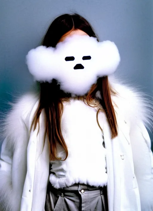 Image similar to realistic photo portrait of the common girl wearing white shorts, dressed in white long fur coat, face is covered with a blank mask, there is a cloud in the middle 1 9 9 0, life magazine reportage photo