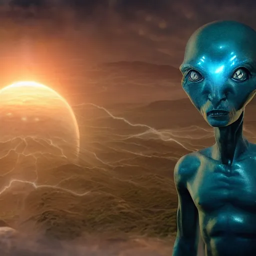 Image similar to a portrait of the most beautiful alien god creating the universe, movie still, cinematic, unreal engine 5