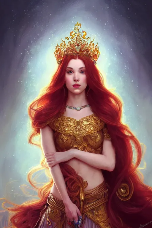 Prompt: beautiful female princess with a golden tiara on her head, portrait shot, long red hair, d & d, fantasy, intricate, elegant, highly detailed, digital painting, artstation, concept art, matte, sharp focus, illustration, hearthstone, art by artgerm and greg rutkowski and alphonse mucha