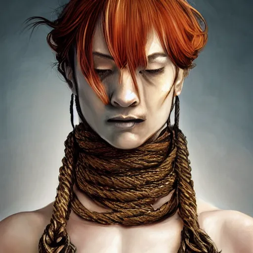 Image similar to portrait of a Shibari rope wrapped face and neck, headshot, insanely nice professional hair style, dramatic hair color, digital painting, of a old 15th century, old cyborg merchant, amber jewels, baroque, ornate clothing, scifi, realistic, hyperdetailed, chiaroscuro, concept art, art by Franz Hals and Jon Foster and Ayami Kojima and Amano and Karol Bak,