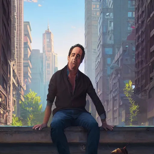 Image similar to highly detailed portrait, jerry seinfeld, in gta v, stephen bliss, unreal engine, fantasy art by greg rutkowski, loish, rhads, ferdinand knab, makoto shinkai and lois van baarle, ilya kuvshinov, rossdraws, tom bagshaw, global illumination, radiant light, detailed and intricate environment